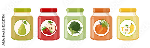 Vegetable, fruit and berry baby puree food in glass jars set, vector Illustration on white background