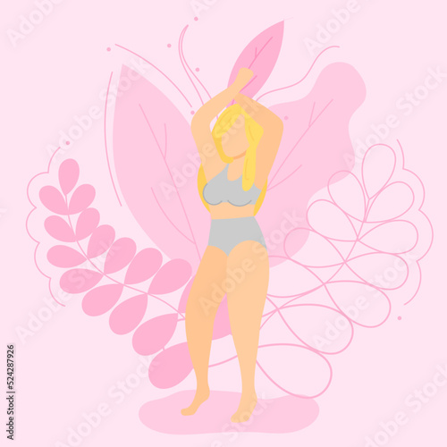 Vector illustration on the theme of body positivity. A short girl with long blonde hair on a background of beautiful leaves. Flat style