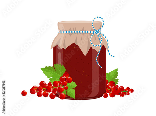 Red currant jam or confiture jar in rustic style, homemade fruit berry preserve, vector illustration on white background