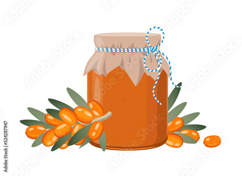 Sea ​​buckthorn jam or confiture jar in rustic style, homemade fruit berry preserve, vector illustration on white background