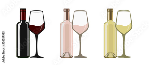 White, red and rose wine bottles and glasses, flat style vector illustration isolated on white background