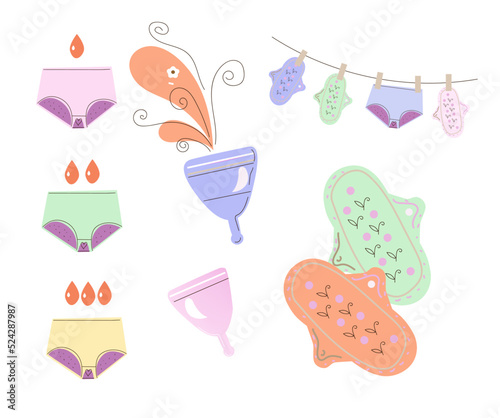 Feminine hygiene. Problem deficit, Menstrual pants, reusable cloth pads and cup is hygiene items for protection woman during menstrual cycle, zero waste, cartoon vector illustration