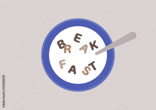 A top view of a bowl with milk and chocolate cereals