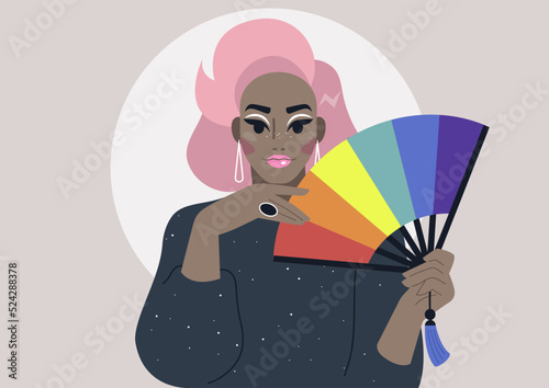 Drag Queen with a rainbow hand fan wearing a shiny black dress and bright make up, queer community, LGBTQ pride