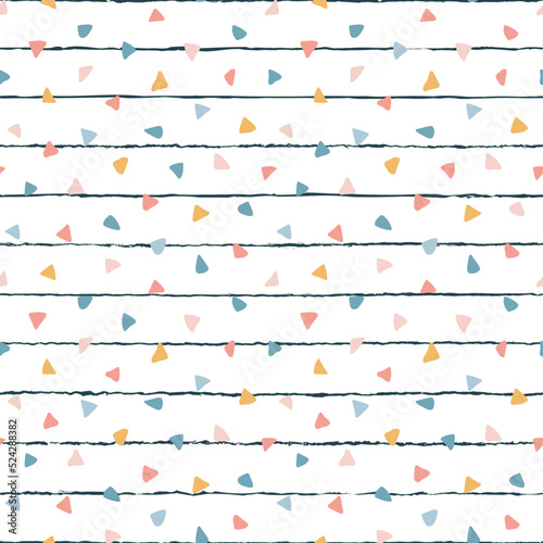 Childish seamless pattern. Scandinavian background. Pastel color patern. Repeated cute small triangles. Hand drawn printed. Repeating tiny triangle printing. Design baby prints. Vector illustration