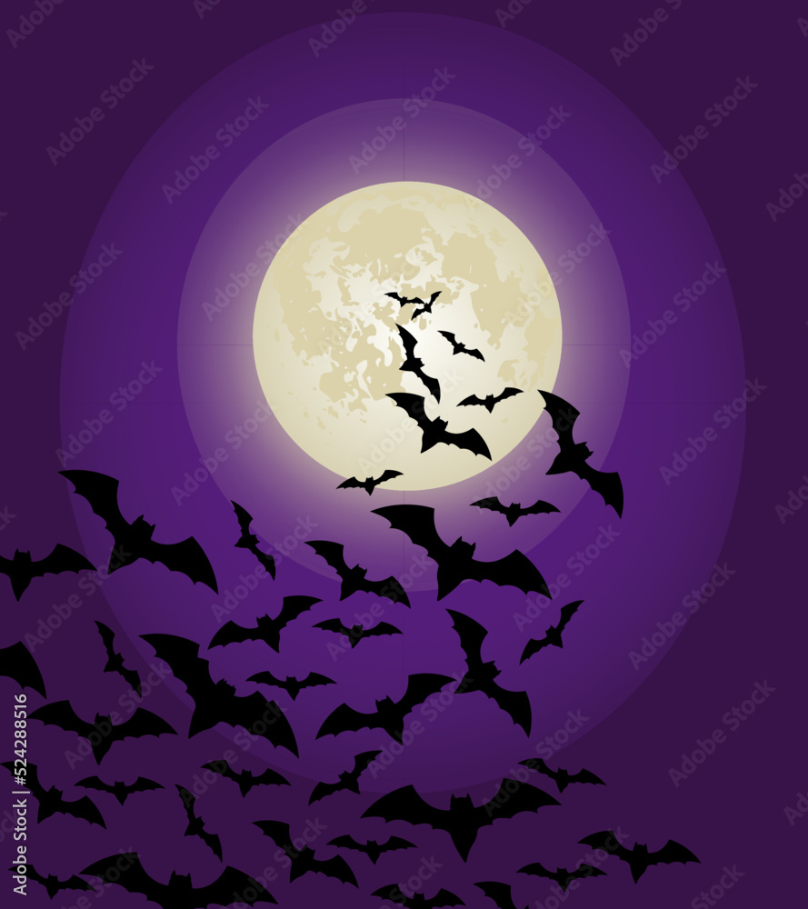 Halloween night moon with flying bats. Flying bats over the moon
