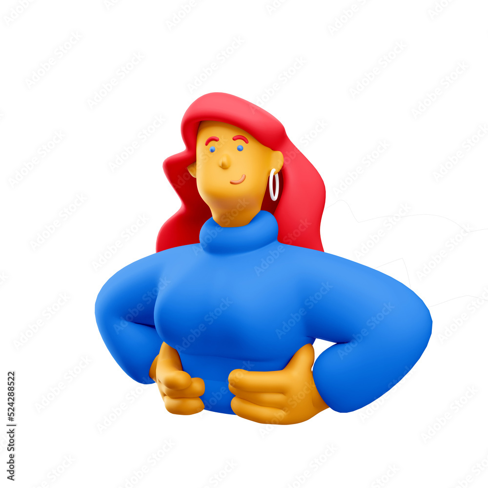 3d illustration. Cartoon girl 3d character standing with arms at side. Strong woman concept. 3d illustration. Cartoon girl 3d character standing with arms at side. Strong woman concept.
