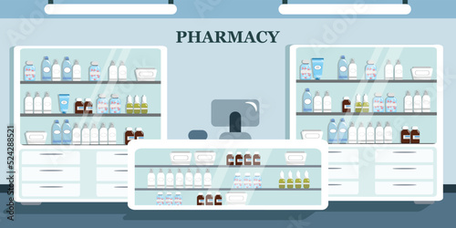 Vector illustration of modern interior pharmacies. Cartoon interior with rack, computer, ointments, drops.