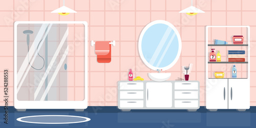 Vector illustration of a modern interior bathroom. Cartoon interior with shower, washbasin, heated towel rail, bedside tables, cabinet, mirror, personal items.