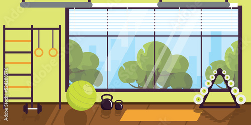 Vector illustration of modern interior gym. Cartoon interior with swedish wall, kettlebells, fitness ball, window with access to the city.