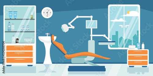 Vector illustration of a modern interior dentistry room. Cartoon interior with dental unit, cabinet, bedside tables, medicines, washbasin, window with access to the city.