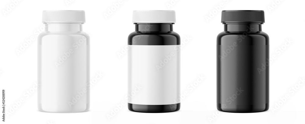 Pills bottle mockup. Set of pills jars with blank label and white with black isolated on white background. 3d render - obrazy, fototapety, plakaty 