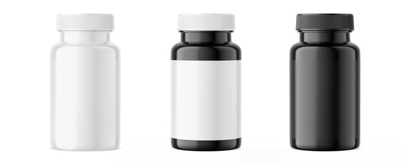 Pills bottle mockup. Set of pills jars with blank label and white with black isolated on white background. 3d render