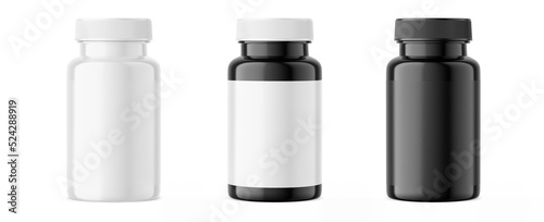 Pills bottle mockup. Set of pills jars with blank label and white with black isolated on white background. 3d render photo