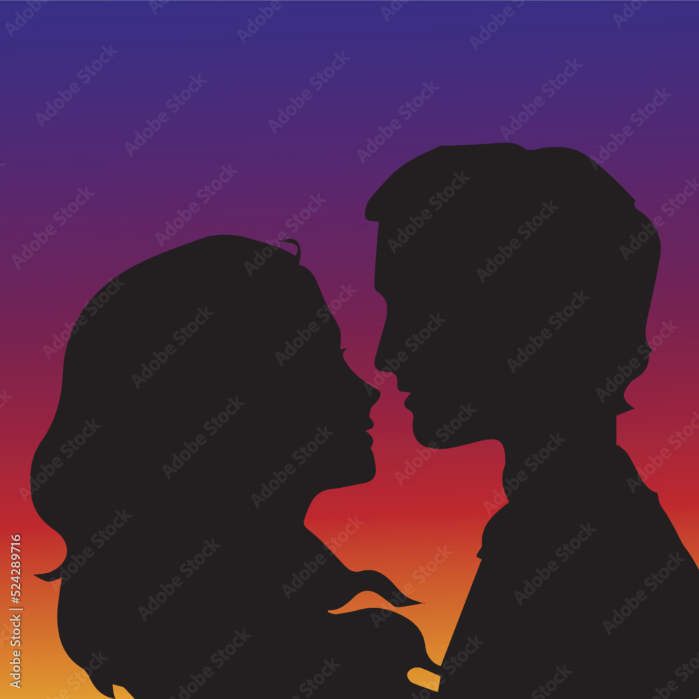 Vector illustration. kiss at sunset. silhouette of a couple in love Vector illustration. kiss at sunset. silhouette of a couple in love