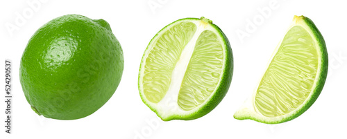 Fresh lime and half isolated on white background, collection, cut out