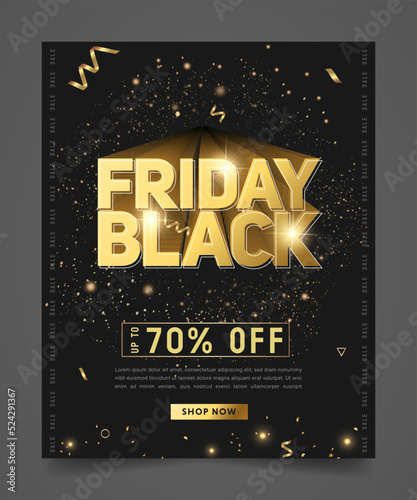 modern layout black friday sale flyer, poster template, social media post or ad banner design. black background, gold particle and ribbon