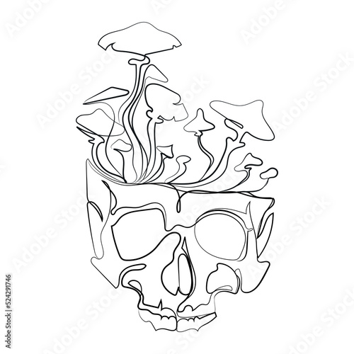 Human skull and mushroom sprouted sketch Line drawing vector illustration.Skull abstract art,hand drawn image.Creative design for emblem,print,logo,sign,tattoo idea.Minimal art design