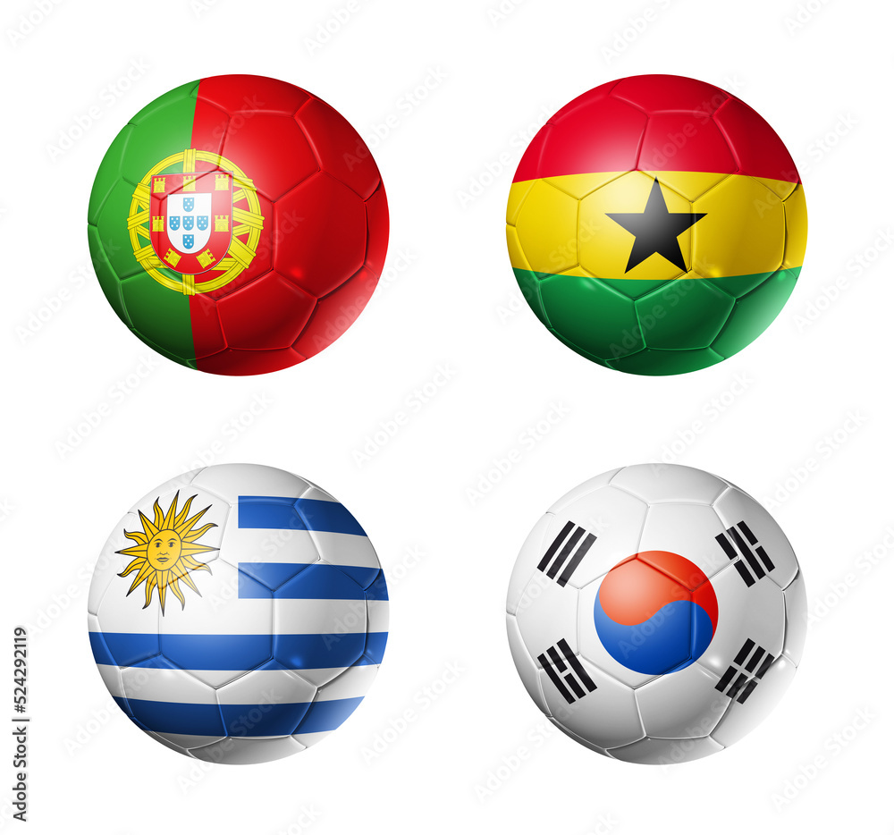 Qatar football 2022 group H flags on soccer balls. 3D illustration isolated on white background