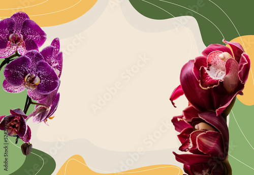 fundo abstrato com orquídeas no primeiro plano nos cantos da imagem  photo