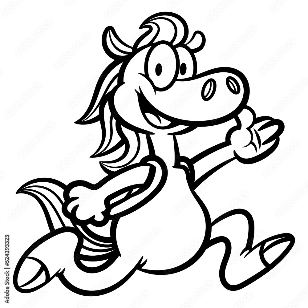 Cartoon illustration of Horse wearing a backpack and running to school, best for sticker, logo, and coloring book with educational themes for children