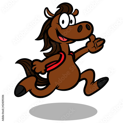 Cartoon illustration of Horse wearing a backpack and running to school, best for sticker, logo, and mascot with educational themes for children