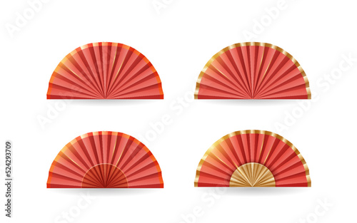 Japanese and Chinese set of hand fans .A traditional oriental collection of four red and gold hand fans.