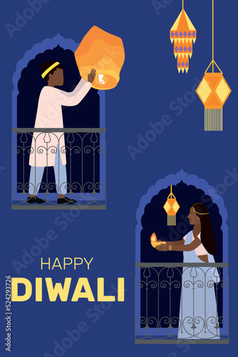 Happy Diwali celebration city background Sky lanterns. Illuminated oil lamps (Diya) in hands. Man and woman on the balcony in traditional dress. Sari.
