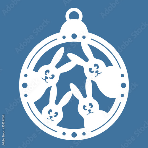 Temlate of laser cut Christmas ball with funny rabbits. Sample for a New Years card, invitation to a Christmas party. For printing, laser, paper or plotter cutting. Vector illustration.