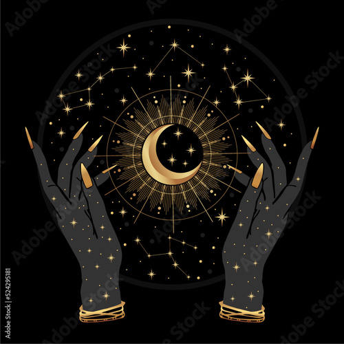 Black and gold boho crescent and elegant female hands. Mystical vector illustration isolated on black background. Esoteric artwork. Floral magic line art for card, logo, fabric print, tattoo.