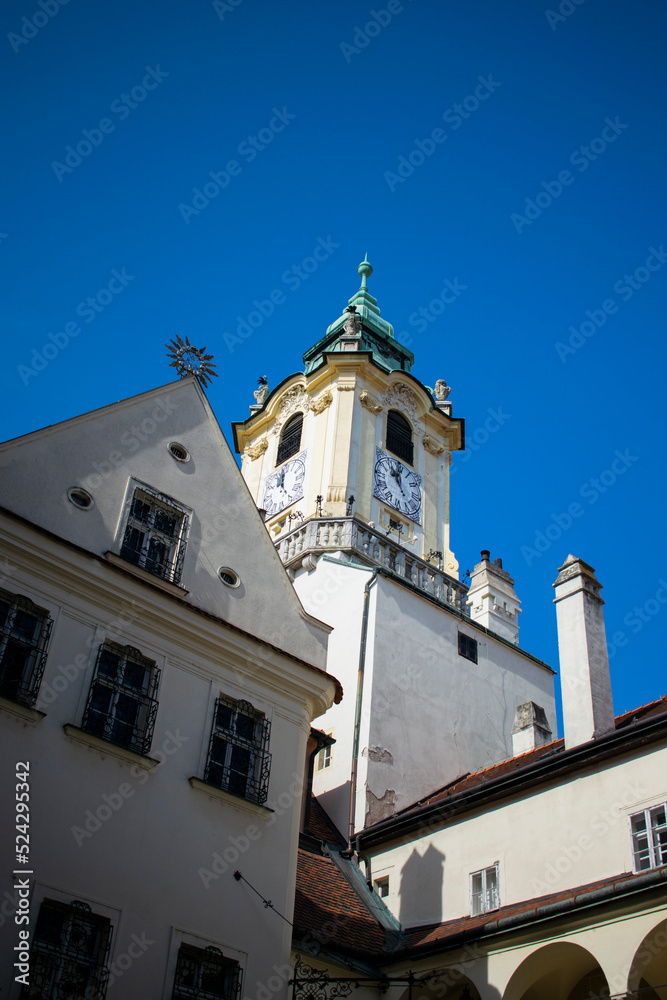The old town hall's beautiful beige tower in Bratislava's main square, on a beautiful day. The photo was taken from behind it.
Bratislava, Slovakia