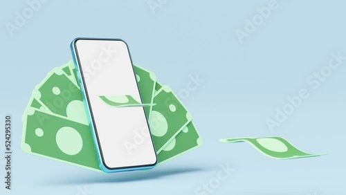 3D ATM Mobile banking. Cash money flew out of phone floating on blue background. Online payment service. Saving money wealth and business financial concept. Smartphone money transfer online. 3d render