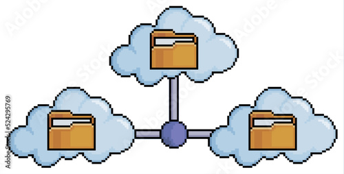 Pixel art cloud network, cloud files vector icon for 8bit game on white background
