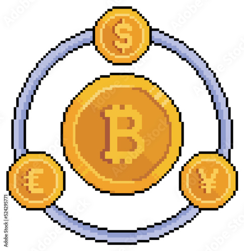 Pixel art exchange fiat currencies for bitcoin. Dollar, Euro and Yen vector icon for 8bit game on white background