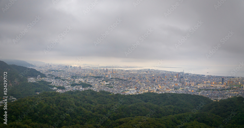 Naklejka premium Low fog over sprawling city between forested mountains and bay at dawn