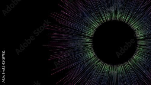 Abstract technology digital big data concept glowing neon color streaks radial lines circle with dots particles sparkling on black background