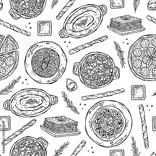 Vector seamless pattern of hand-drawn illustrations of Italian cuisine.