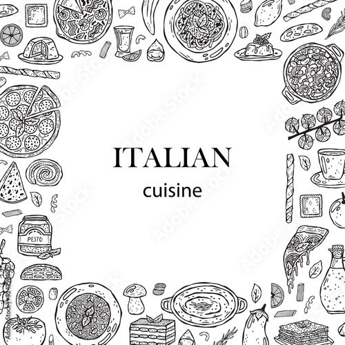 Vector template hand-drawn illustrations of Italian cuisine.