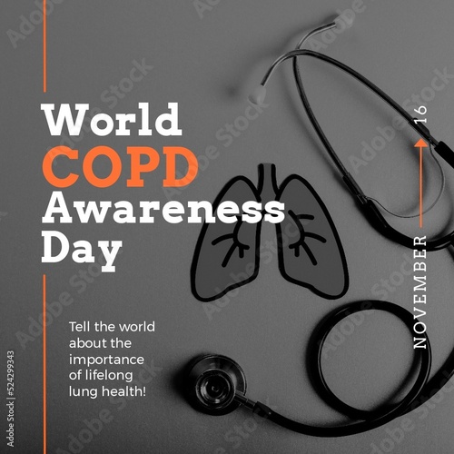 Composition of world copd awareness day text with stethoscope on grey background
