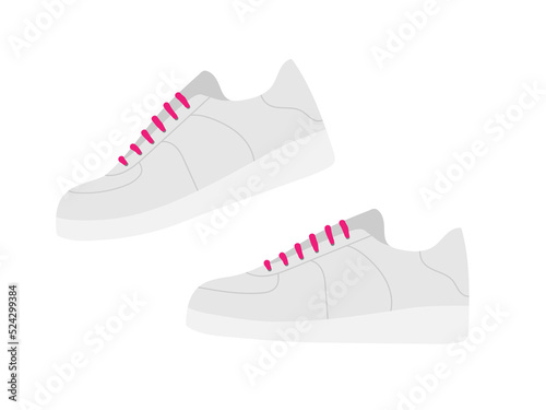 White sneakers with fuchsia laces. Sports shoes. Sneakers for jogging and sports. Pair of sneakers. Flat Vector isolated on white background. Running shoes. Men's or women's footwear