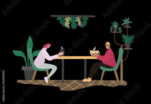 date night diverse couples enjoying a romantic dinner indoors. a young woman with pink hair and a young man drink coffee at a table surrounded by plants