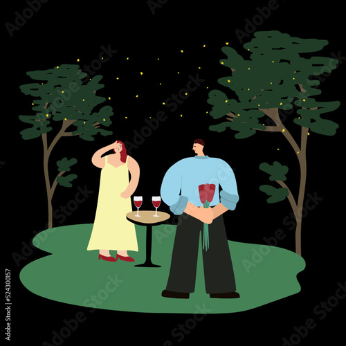 romantic date in the open space. The man made a surprise to the girl. date night diverse couples enjoying a romantic dinner indoors or outdoors.
