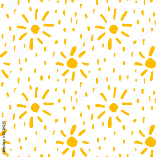 Cute sun on white background seamless pattern. Bright yellow dots, daisy repeat print. Cartoon hand drawn design for textile, wallpaper, fabric, wrapping paper and decoration.