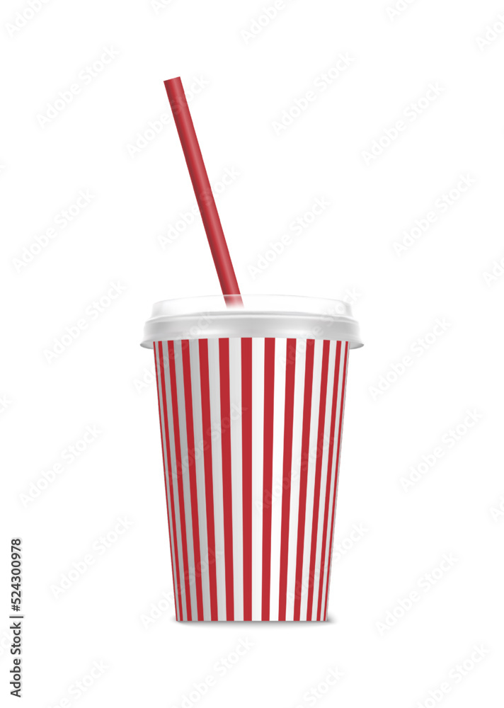 3d realistic vector icon. Plastic destosable cup with straw in red and white strapes. Isolated on white background.