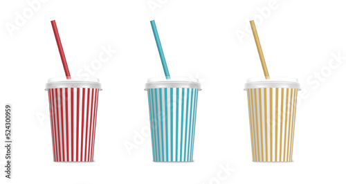 3d realistic vector icon. Plastic destosable colorful set of cups with straws. Isolated on white background.