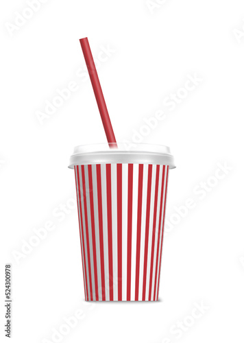 3d realistic vector icon. Plastic destosable cup with straw in red and white strapes. Isolated on white background.