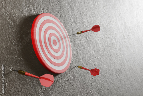 3 red darts miss the dartboard. Illustration of the concept of missing target, business failure and loss of focus 
