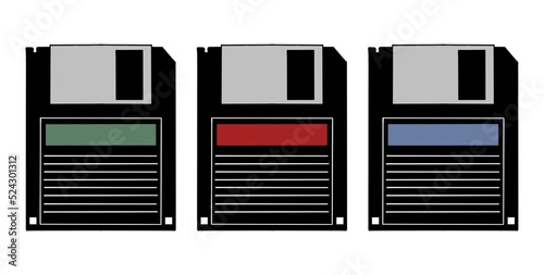 Retro vintage Floppy Disks red, green and yellow with white background. Old technology device.