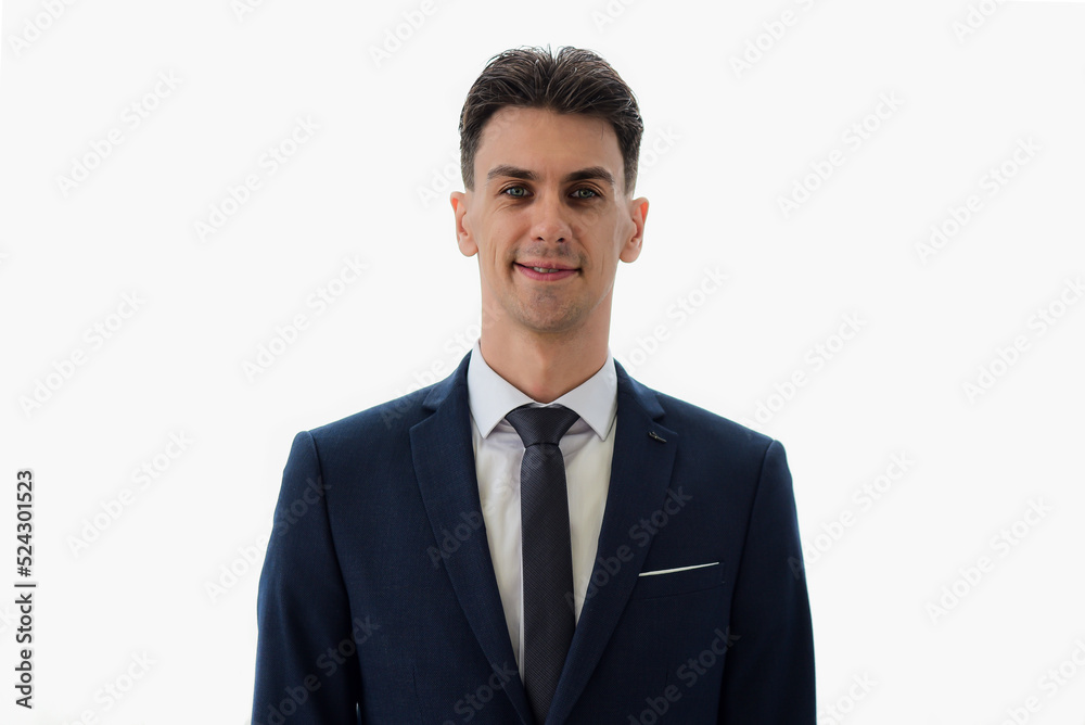 close-up portrait of Happy and look smart young caucasian businessman wearing a dark blue suit on white background. close-up portrait of Happy and look smart young caucasian businessman wearing a dark blue suit on white background.