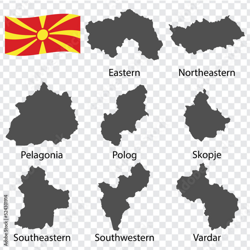 Eight Maps Regions of North Macedonia - alphabetical order with name. Every single map of Region are listed and isolated with wordings and titles. North Macedonia. EPS 10.